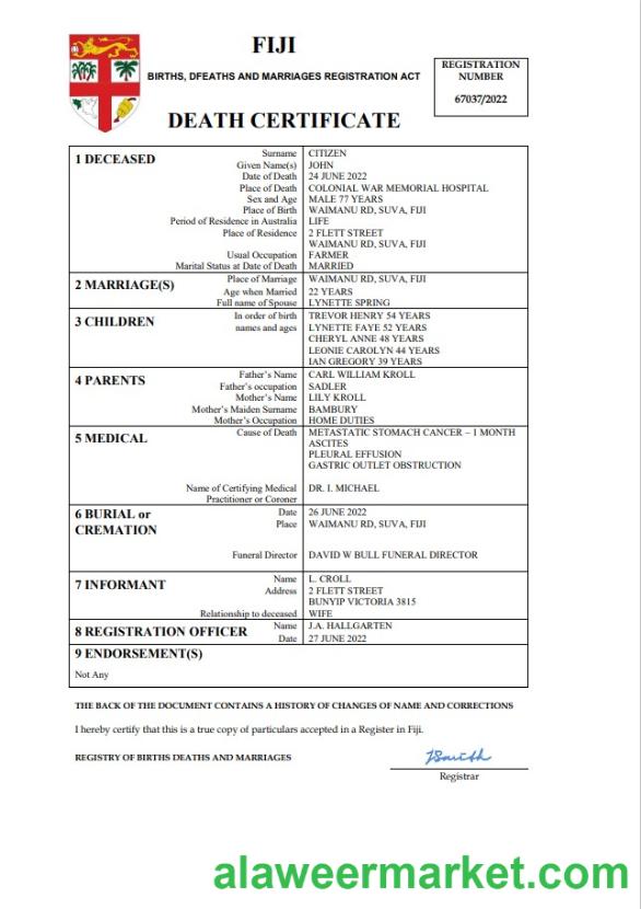 Fiji vital record death certificate Word and PDF template